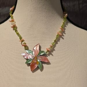 Floral Pink and Green Necklace with Iridescent Pendant